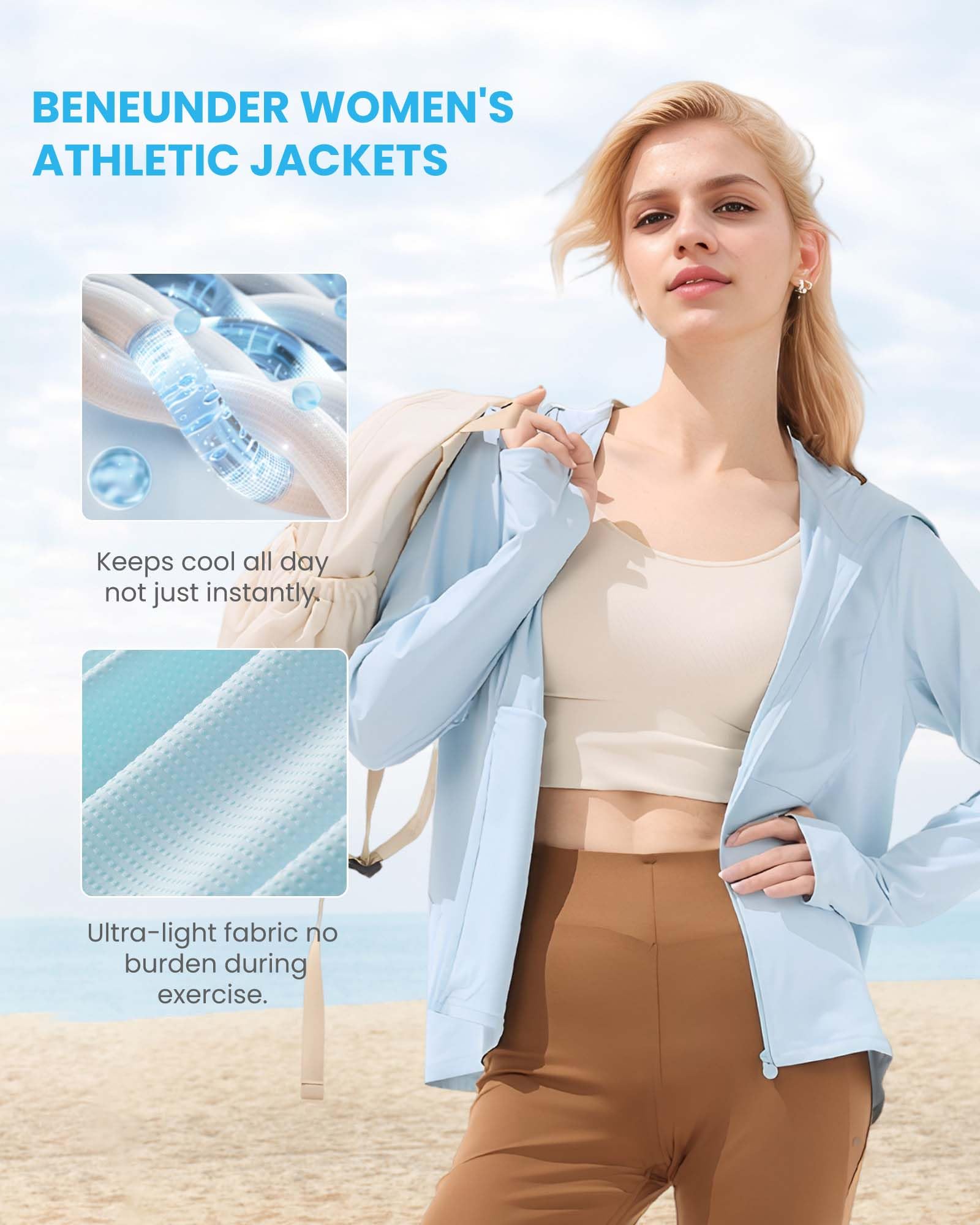 BENEUNDER Cooling Women's UPF 50+ Sun Protection Lightweight Hoodie Jacket Long Sleeve Active Sun Shirts for Outdoor Workout - Image 3