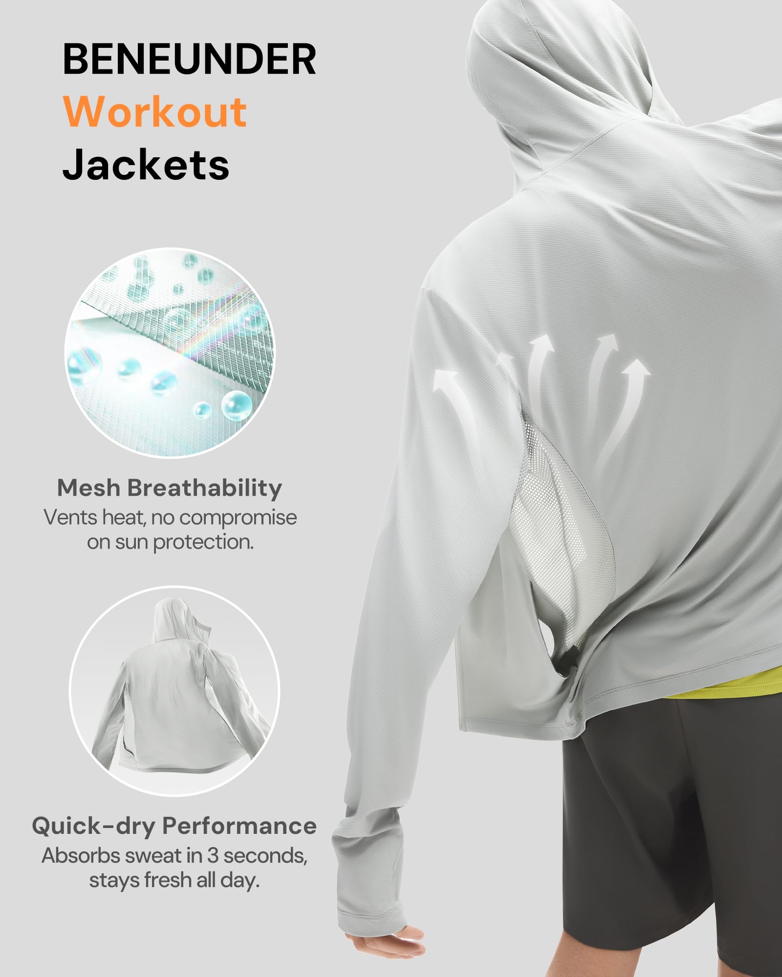 BENEUNDER Men's UPF 50+ Sun Protection Lightweight Hoodie Jacket Long Sleeve Active Sun Shirts for Outdoor Hiking Workout - Image 3
