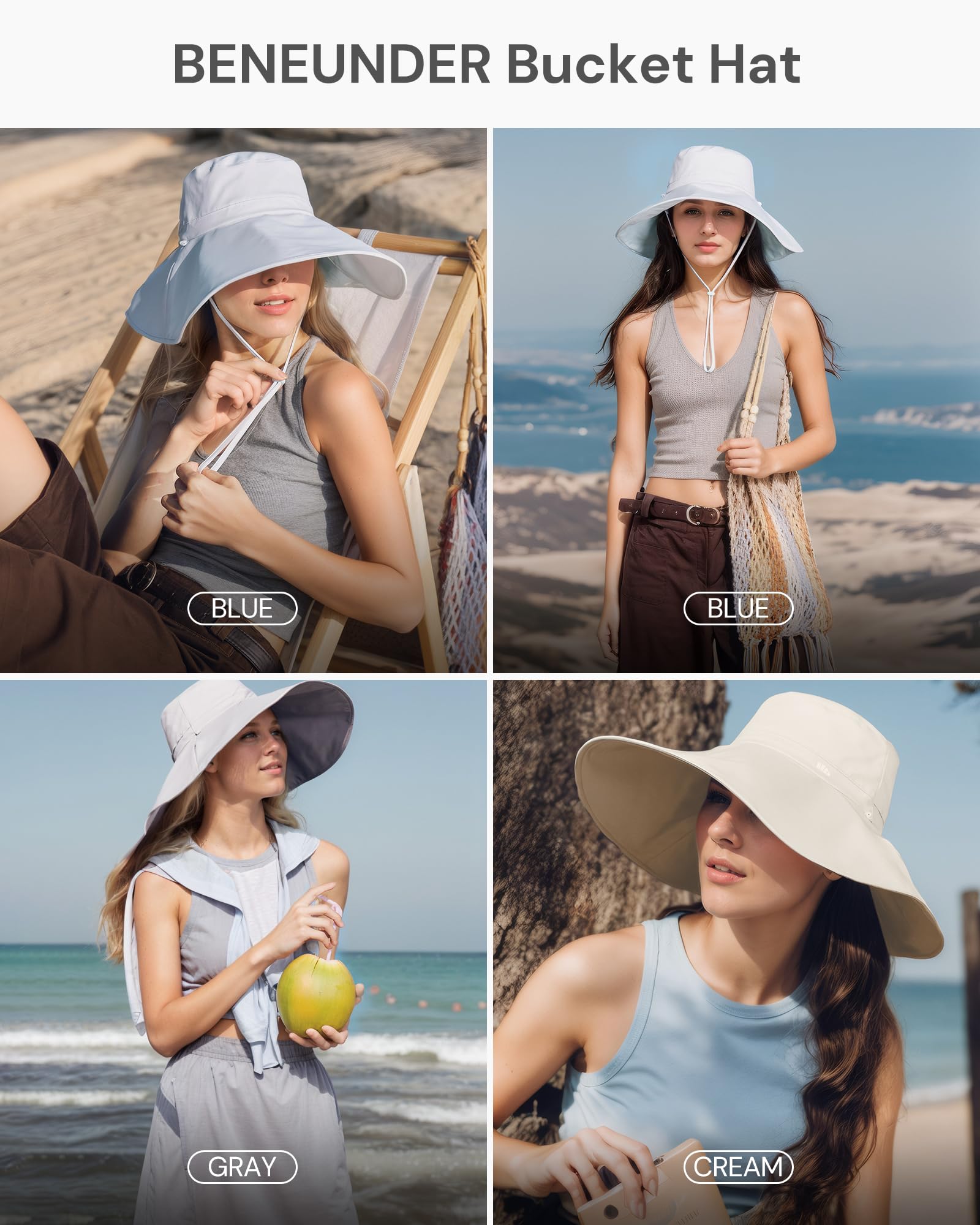 BENEUNDER Reversible Wide Brim Sun Bucket Hats UPF50+ UV Protection Foldable for Women Outdoor Beach Vacation Travel - Image 5