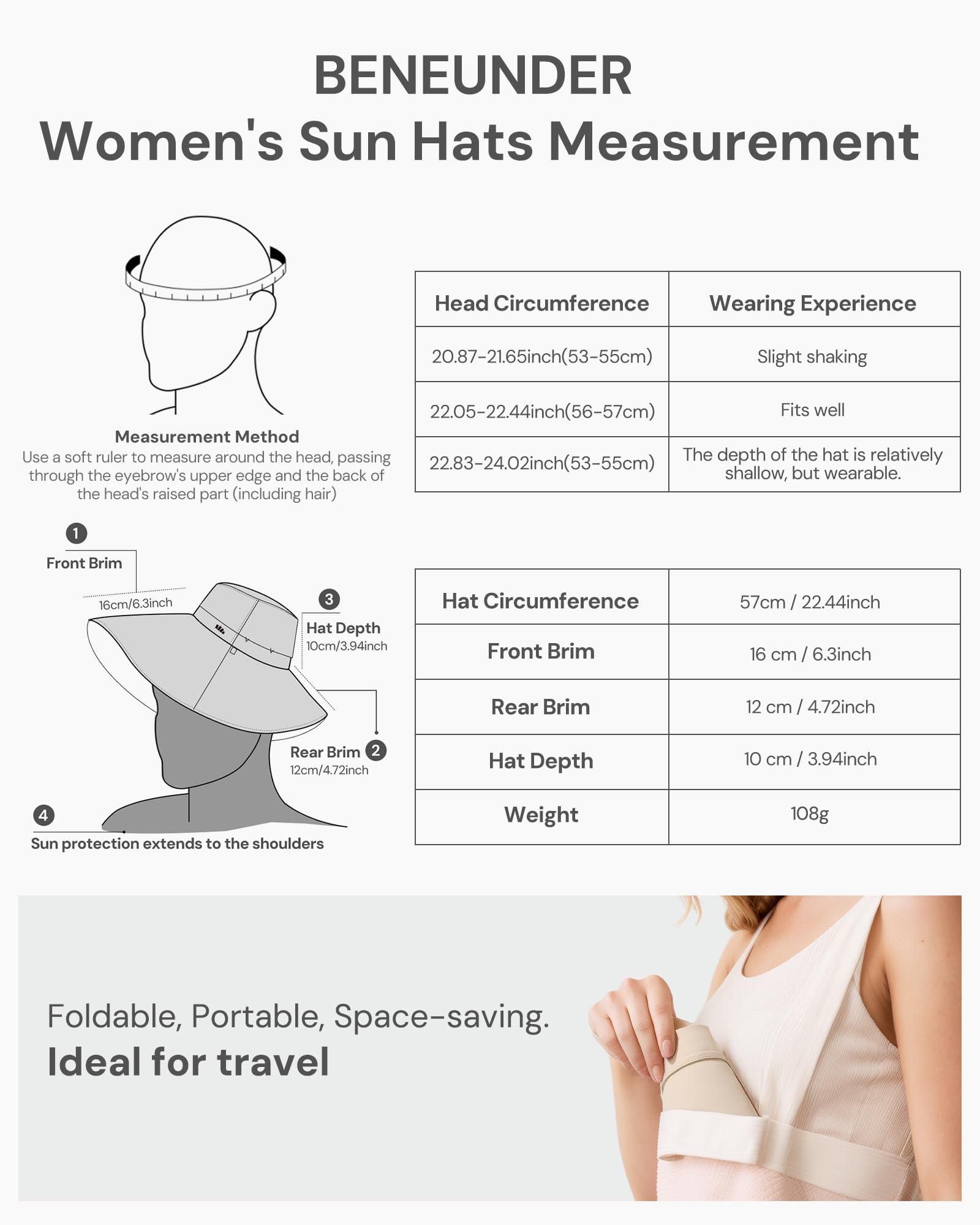 BENEUNDER Reversible Wide Brim Sun Bucket Hats UPF50+ UV Protection Foldable for Women Outdoor Beach Vacation Travel - Image 6