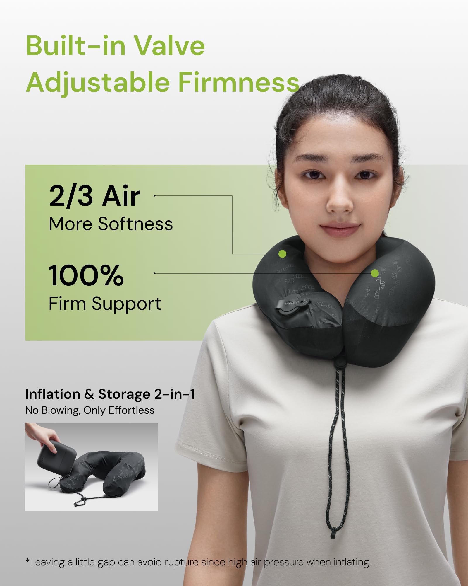 BENEUNDER Travel Neck Pillow for Airplane, Inflatable Compact 360°Head Support Pillow, Comfortable Breathable Cover for Travel, Train,Car with Storage Bag, Black - Image 3