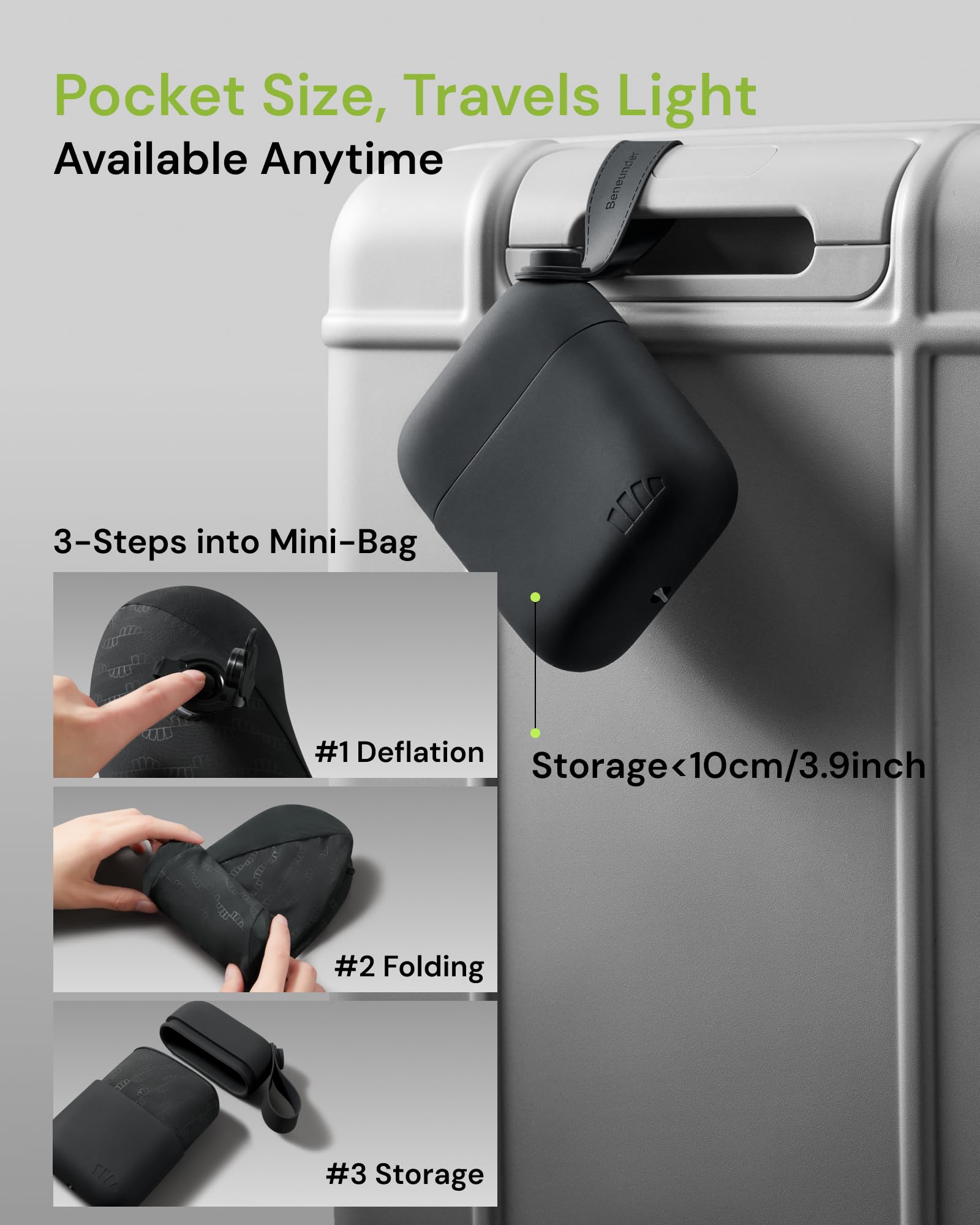 BENEUNDER Travel Neck Pillow for Airplane, Inflatable Compact 360°Head Support Pillow, Comfortable Breathable Cover for Travel, Train,Car with Storage Bag, Black - Image 6