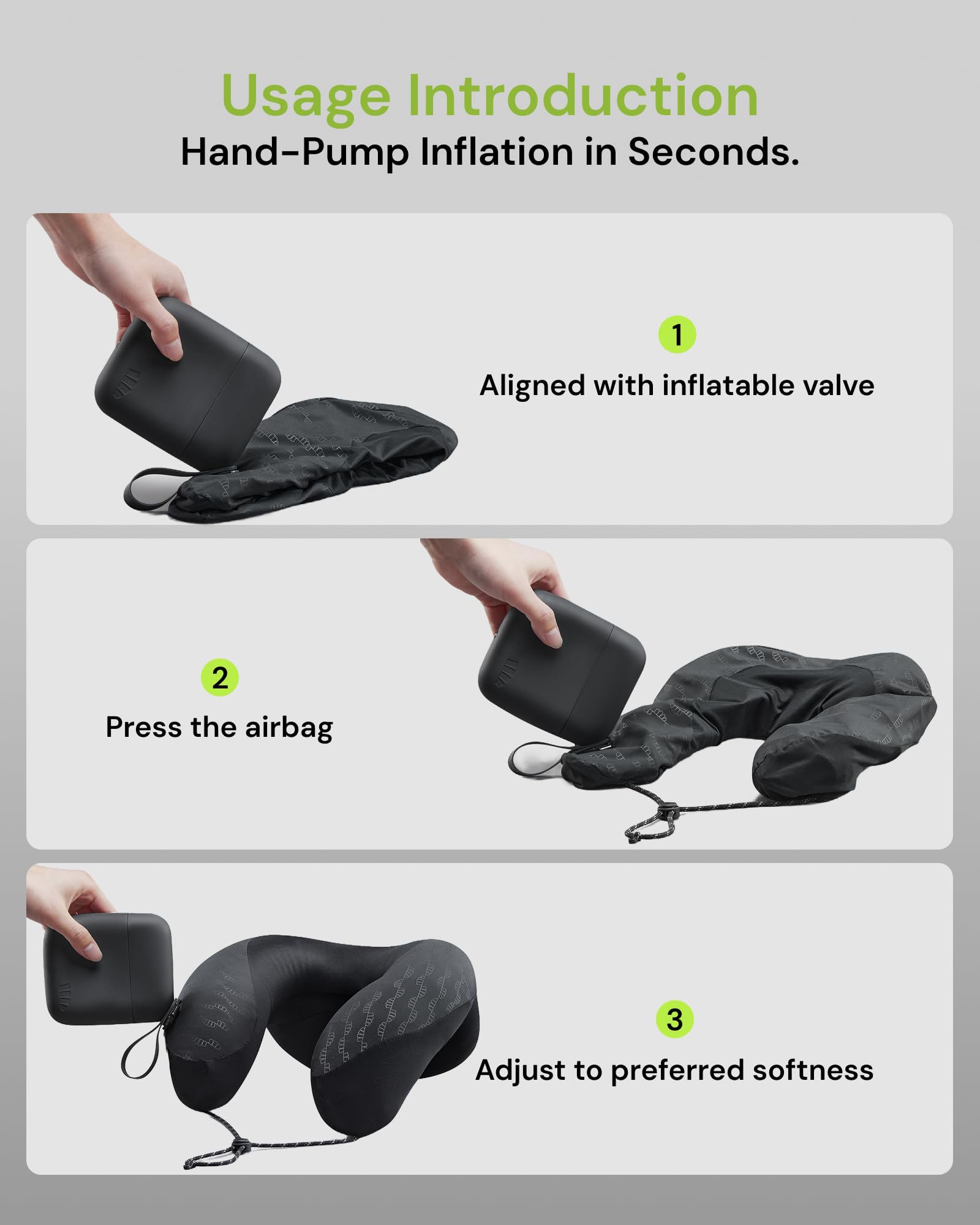 BENEUNDER Travel Neck Pillow for Airplane, Inflatable Compact 360°Head Support Pillow, Comfortable Breathable Cover for Travel, Train,Car with Storage Bag, Black - Image 7