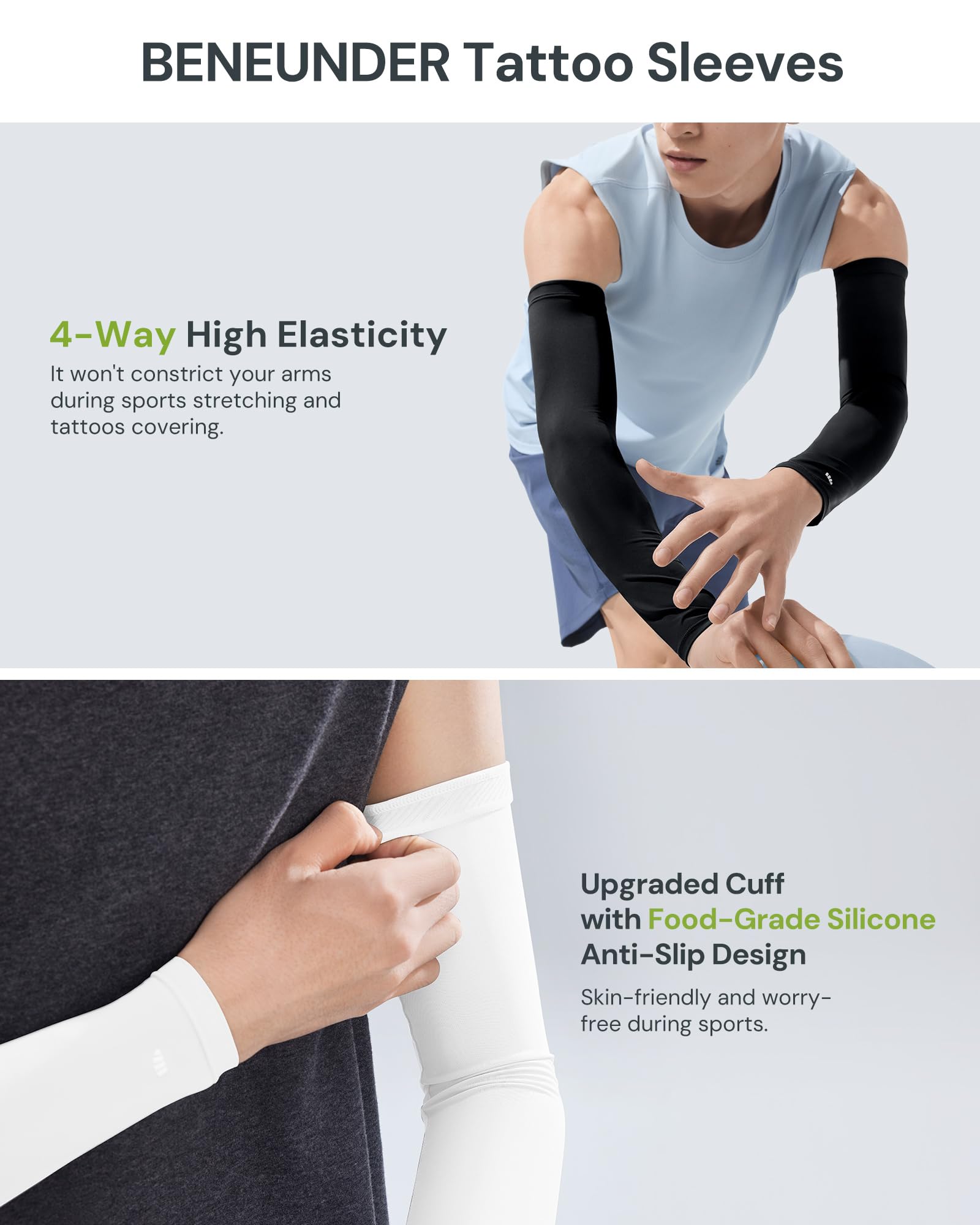 BENEUNDER UPF 50+ Arm Sleeves for Men Women Cooling UV Sun Protection Sports Compression Tattoo Cover Up - Image 4